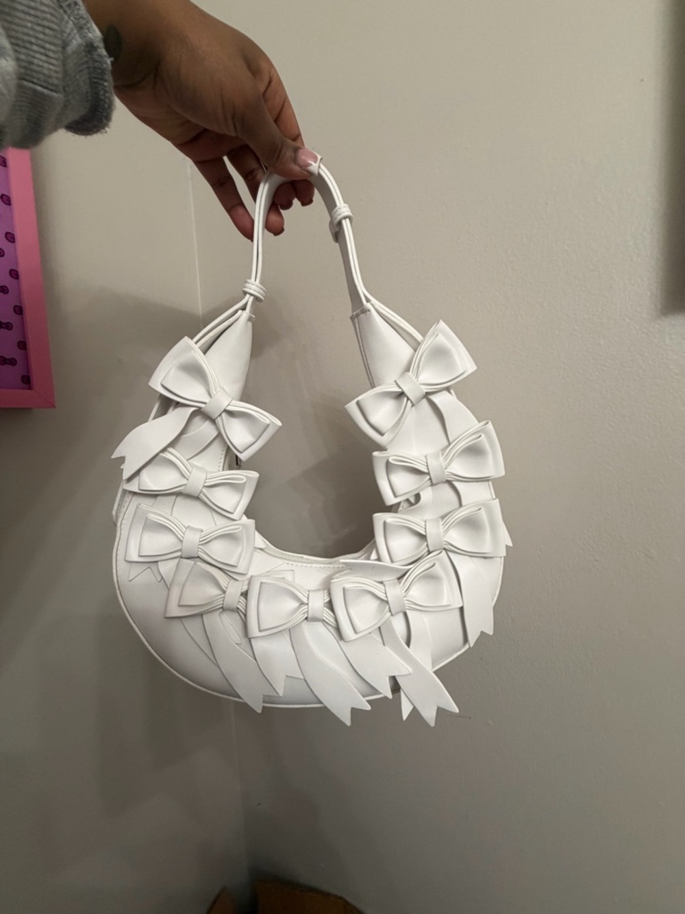 AKIRA White Bow Accent Crescent Shoulder Bag